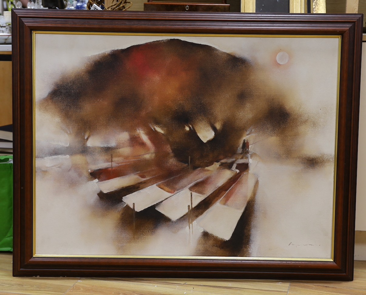 Martin Aynscomb Harris (b.1937-), oil on canvas, Punts on a river, signed, 74 x 100cm